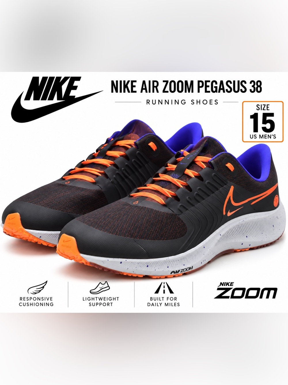 Nike Air Zoom Pegasus 38 Shield Black Total Orange Men’s Size 15